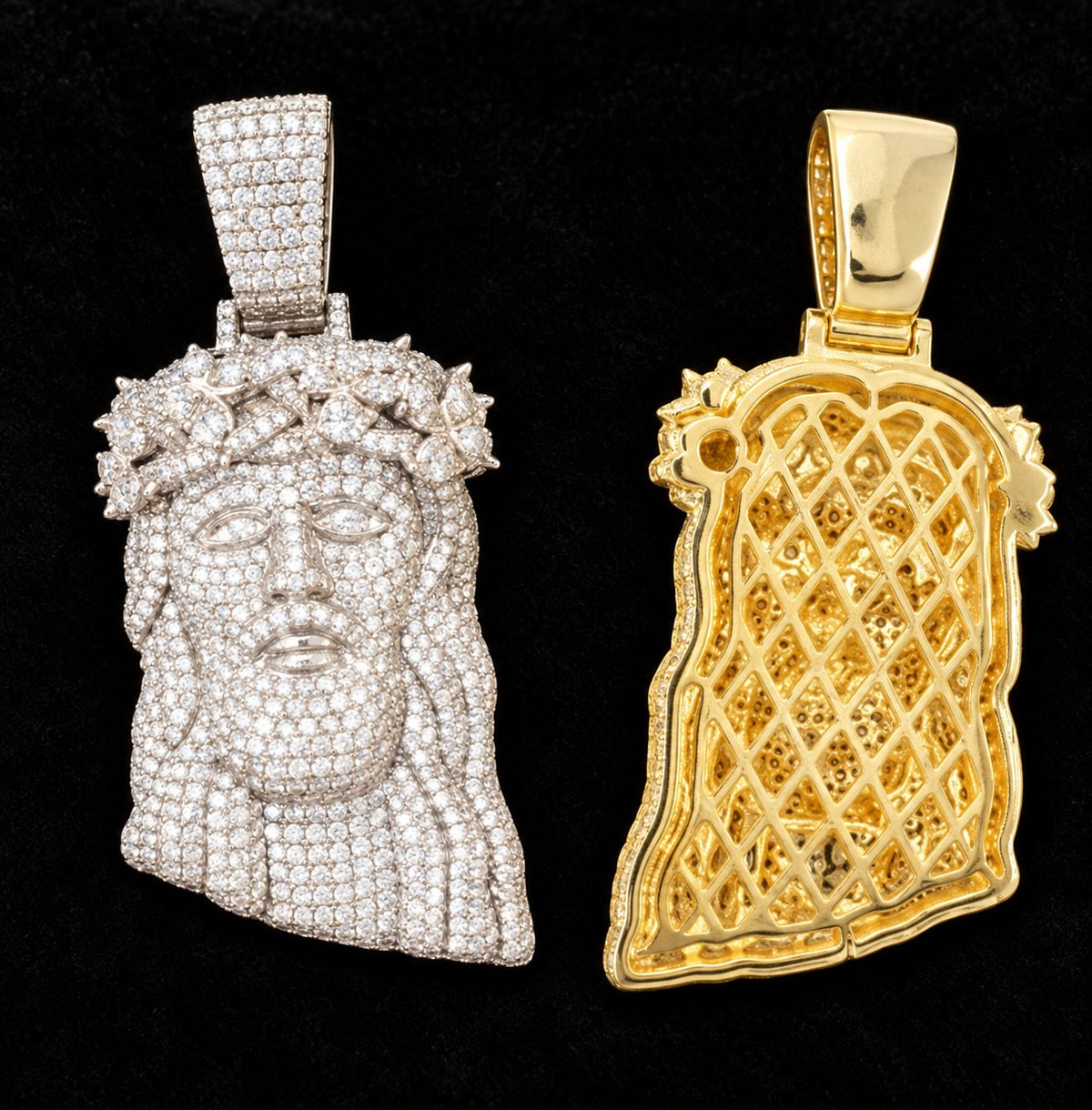 Framed Jesus Moissanite Pendant on a black background