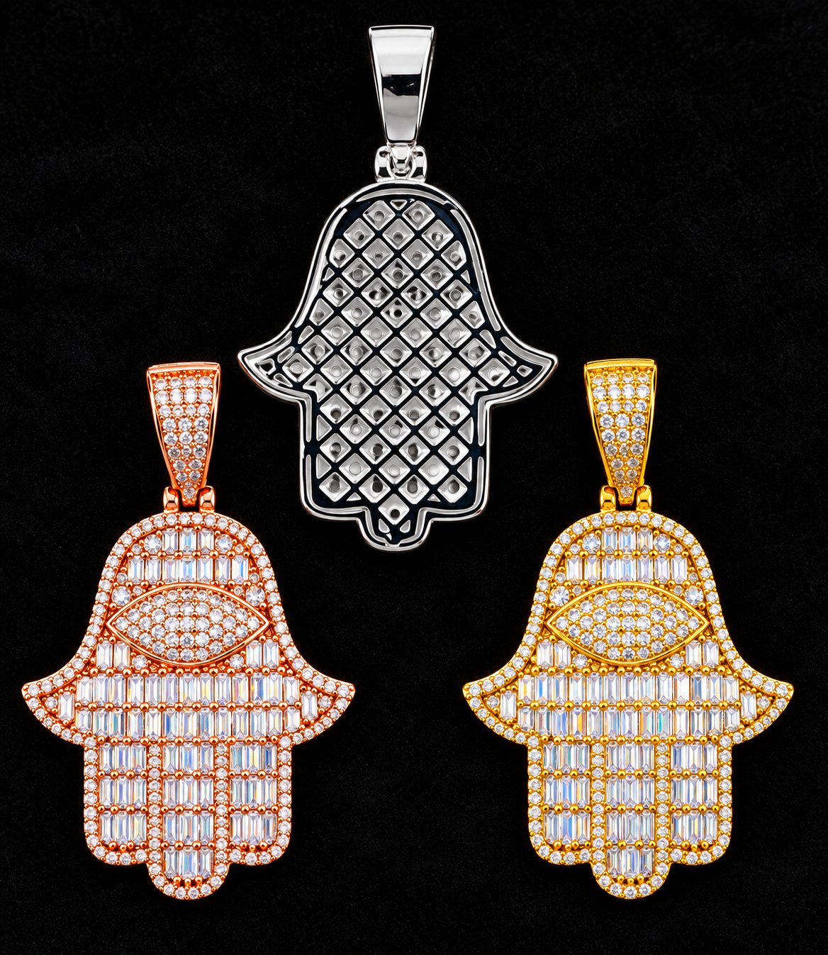Linear Hamsa Moissanite Pendant on a black background