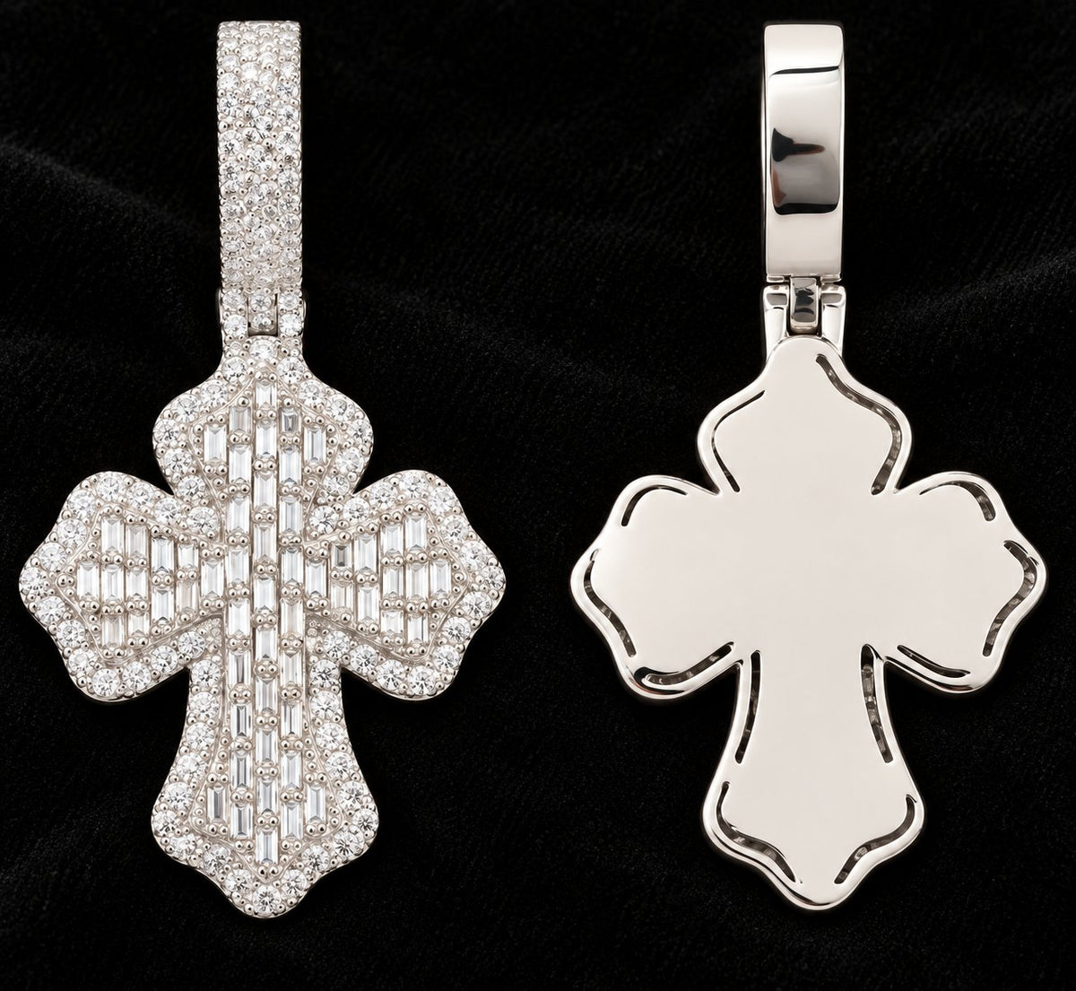 Lobed Cross Moissanite Pendant on a black background