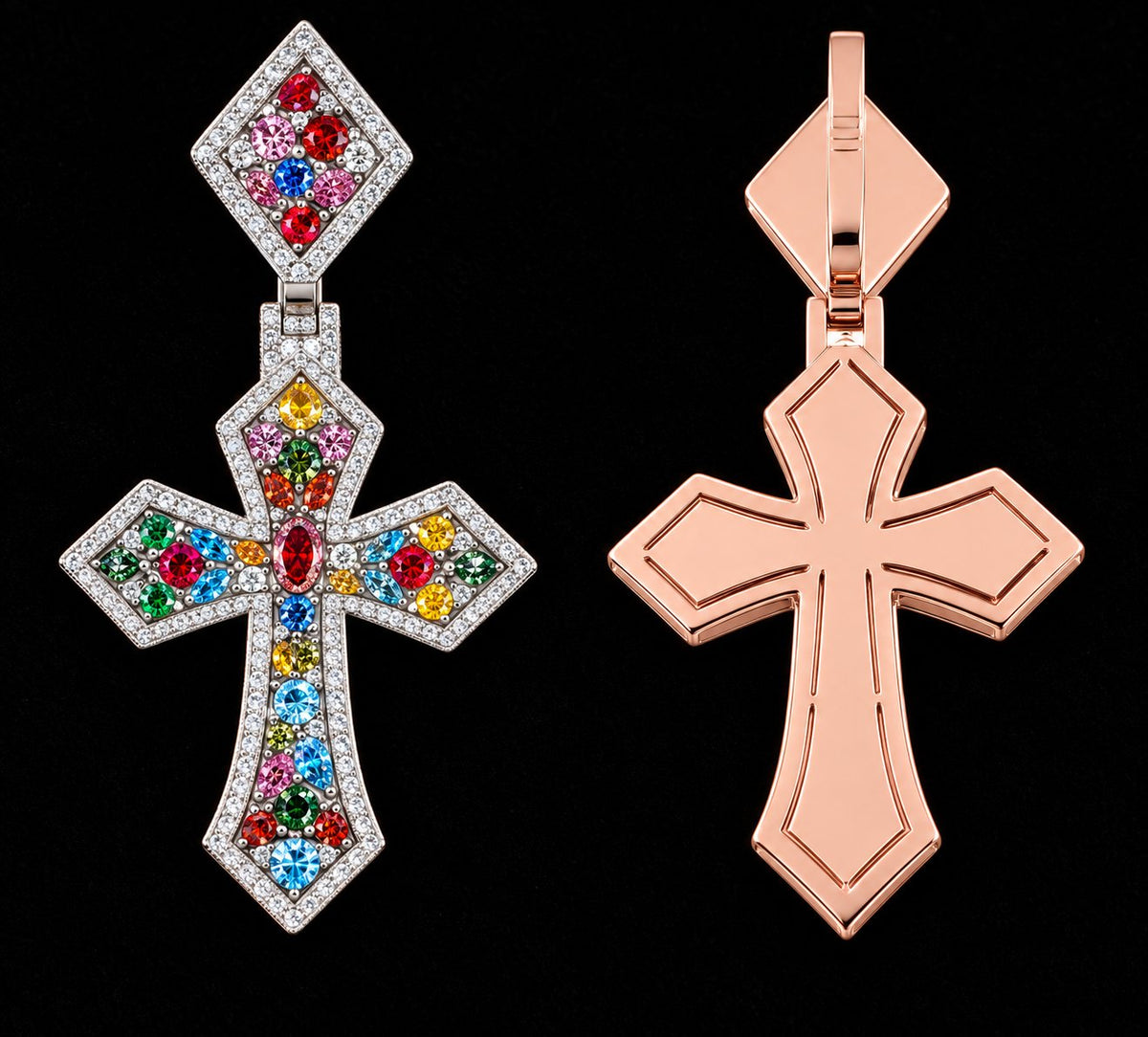 Multicolor Geometric Cross Moissanite Pendant on a black background
