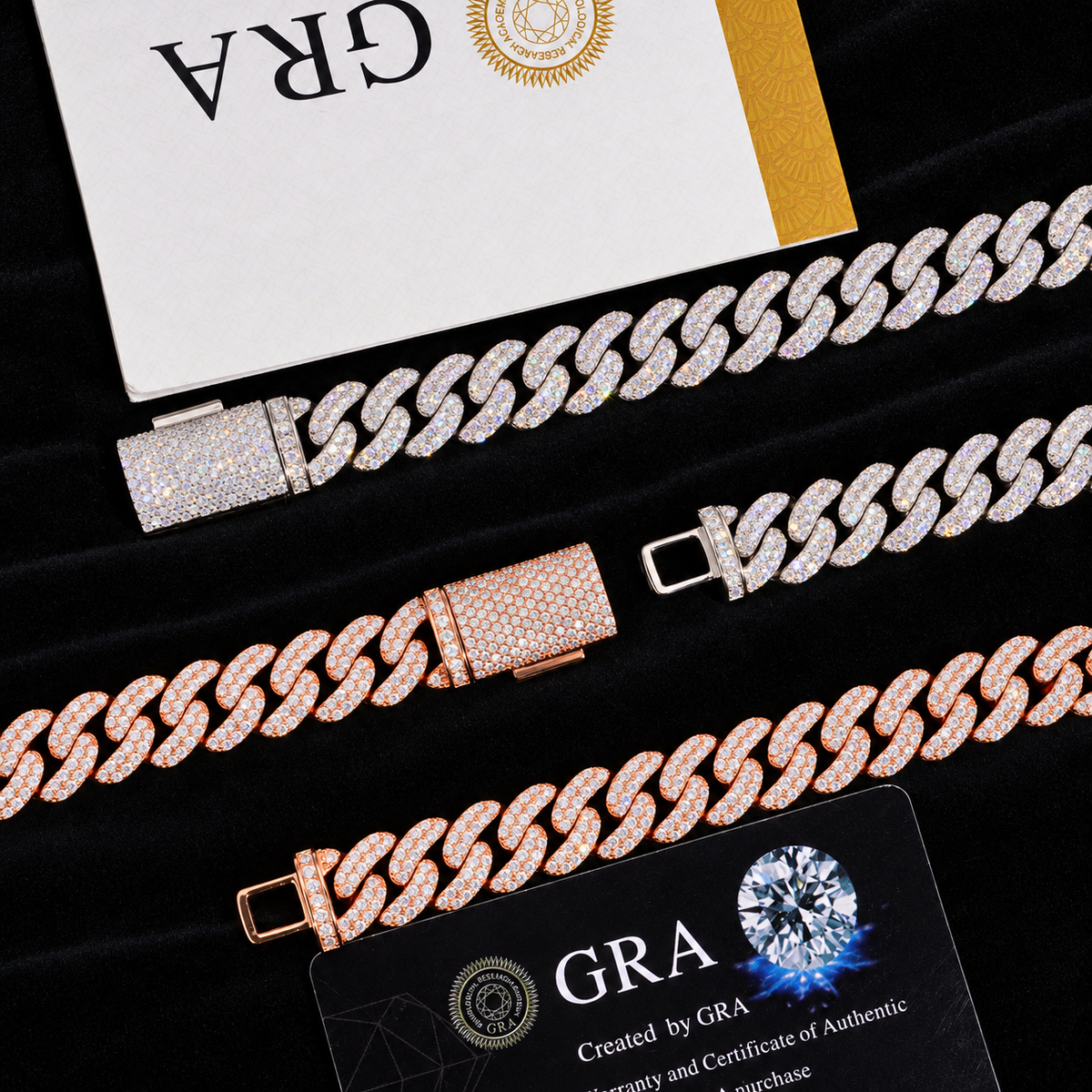 20MM Moissanite Pavé Miami Cuban Link Bracelet – S925 Silver with GRA card in the background