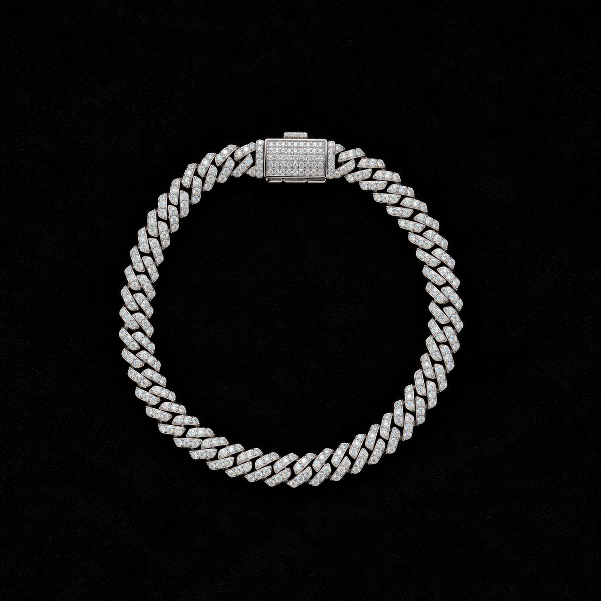 6MM Moissanite Domed Pavé Cuban Link Bracelet – S925 Silver on black velvet