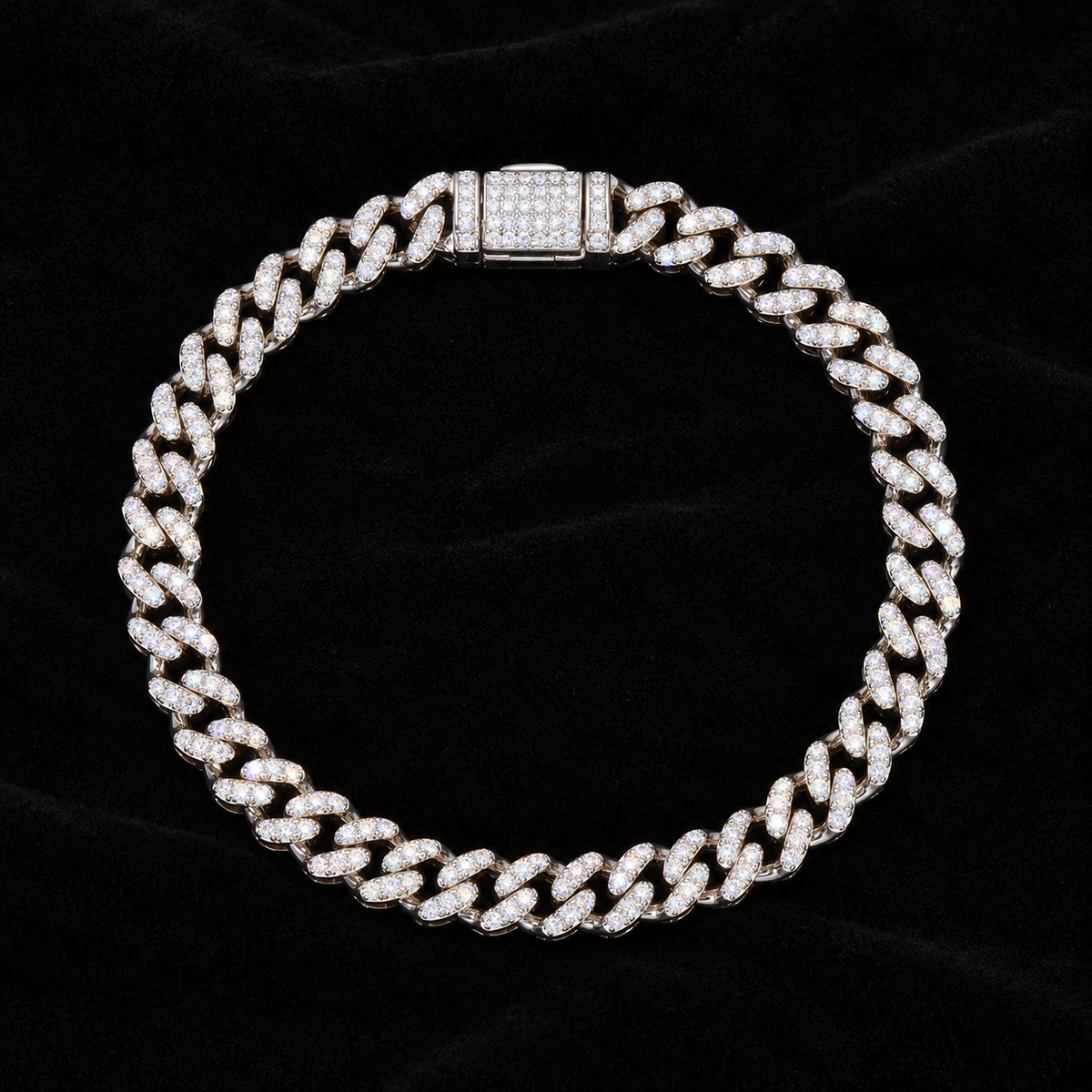 10MM Moissanite Domed Pavé Cuban Link Bracelet – S925 Silver on black velvet