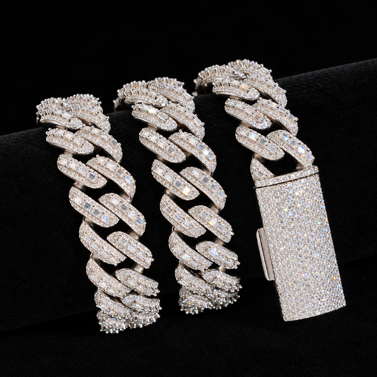 20MM Moissanite Baguette Miami Cuban Link Bracelet – S925 Silver on black velvet