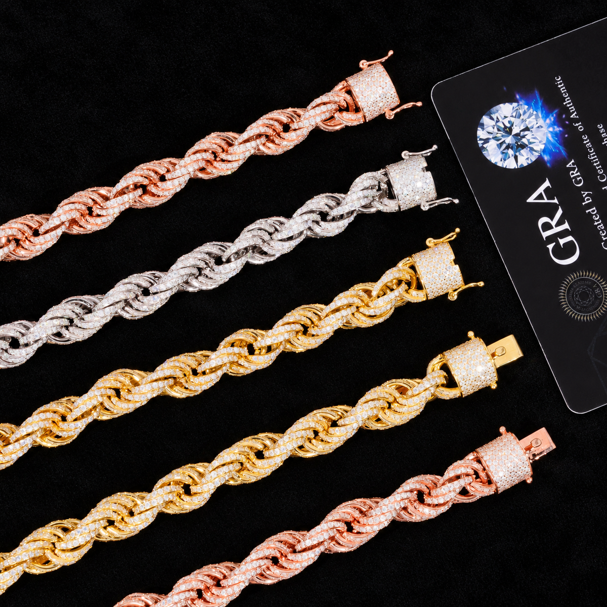 7MM Moissanite Pavé Rope Bracelet – S925 Silver with GRA card in the background