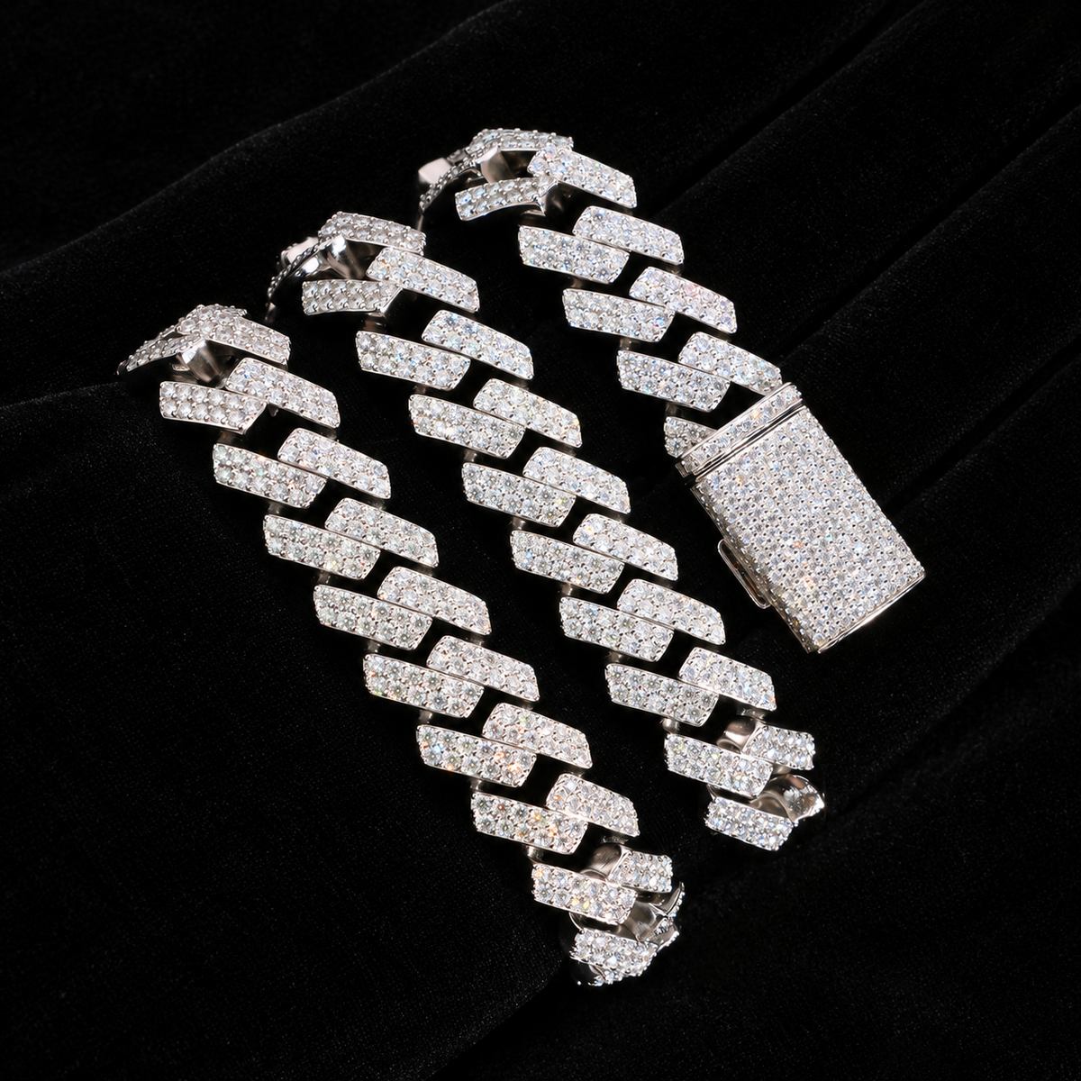 15MM Moissanite Prong-Set Miami Cuban Link Bracelet – S925 Silver on black velvet