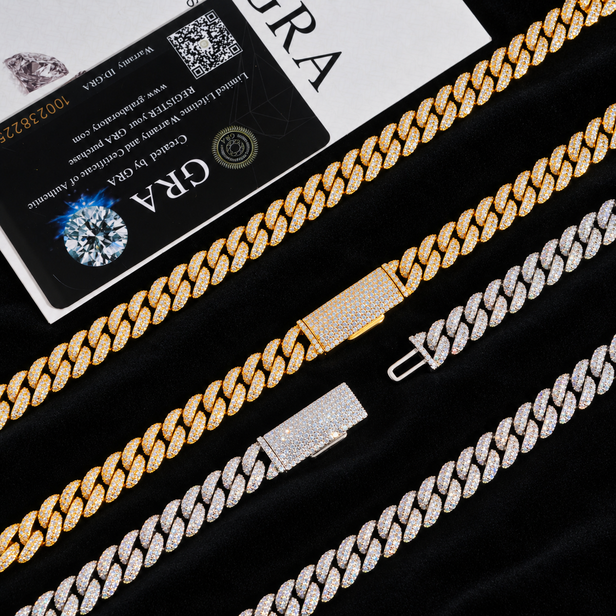 13MM Moissanite Pavé Miami Cuban Link Bracelet – S925 Silver with GRA card in the background