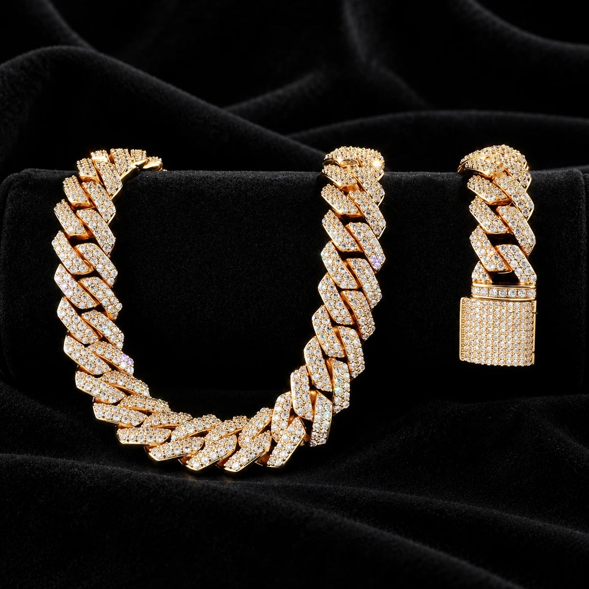14mm Prong Cuban Chain — original finish on black velvet with moissanite fire