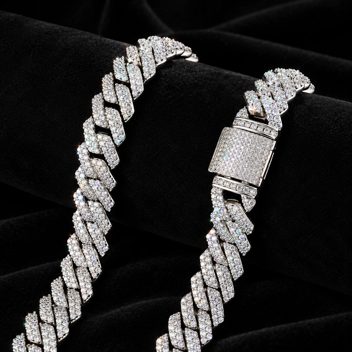 14mm Prong Cuban Chain — original finish on black velvet with moissanite fire
