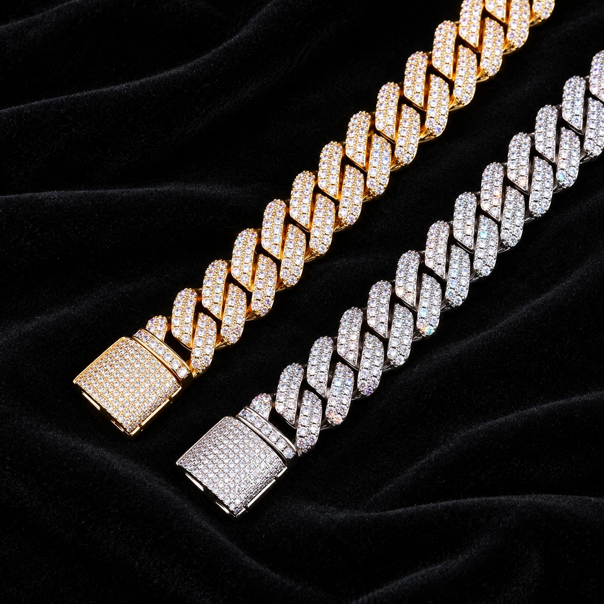 12mm Prong Cuban Bracelet — original finish on black velvet with moissanite fire
