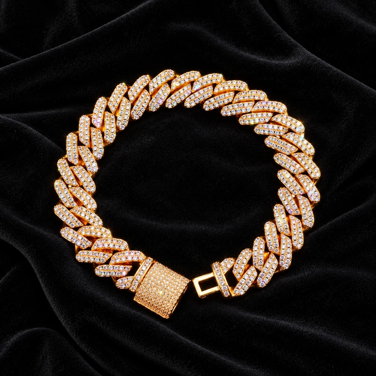 12mm Prong Cuban Bracelet — original finish on black velvet with moissanite fire
