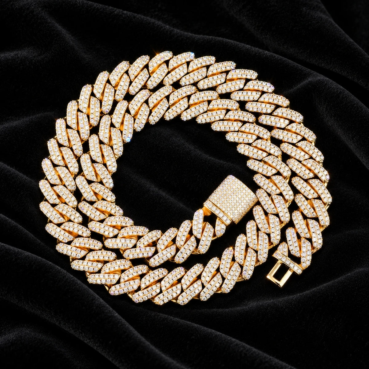 12mm Prong Cuban Chain — original finish on black velvet with moissanite fire
