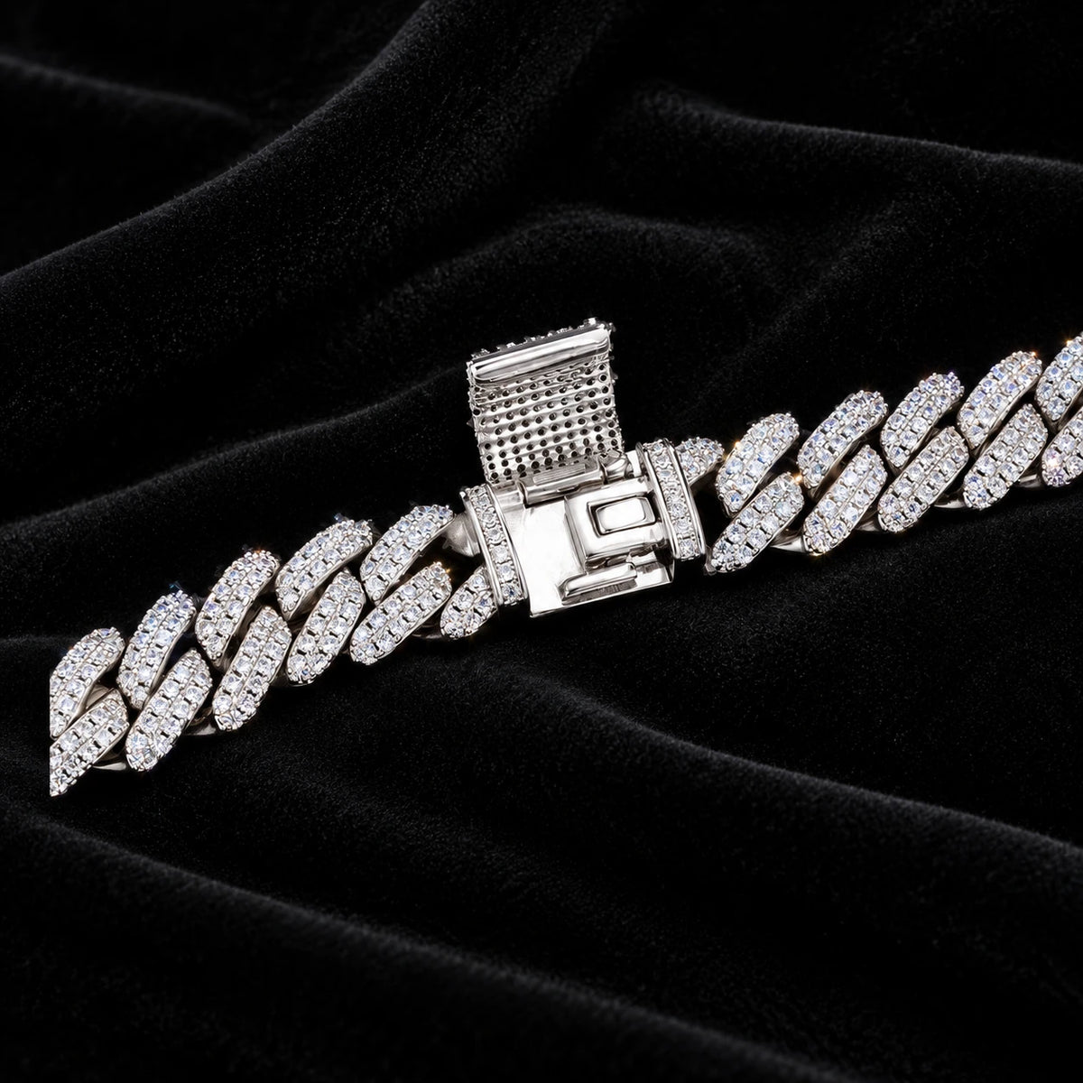 12mm Prong Cuban Chain — original finish on black velvet with moissanite fire