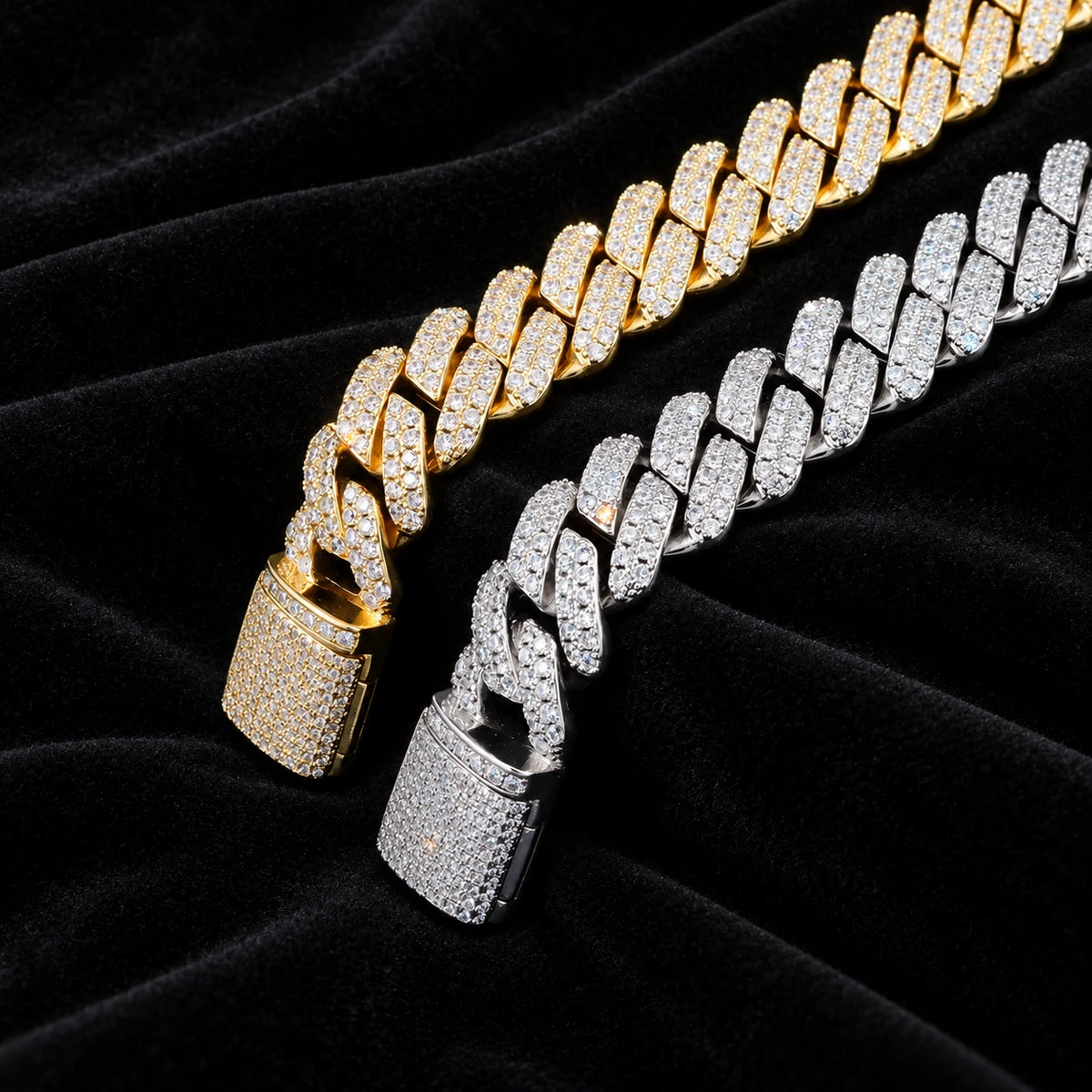 12mm Prong Cuban Bracelet — original finish on black velvet with moissanite fire
