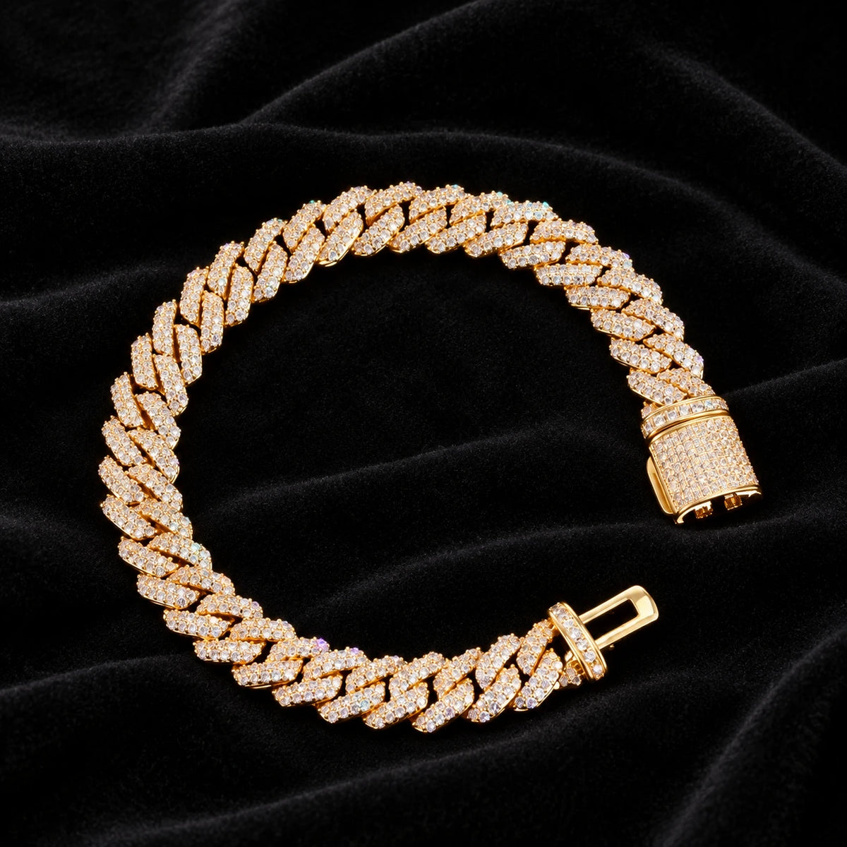 10mm Prong Cuban Bracelet — original finish on black velvet with moissanite fire