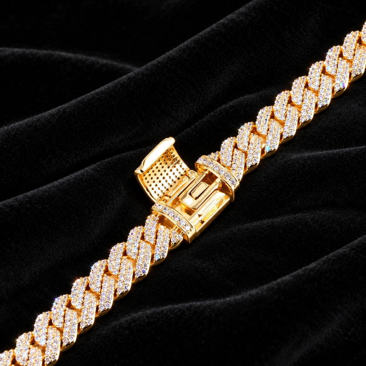 10mm Prong Cuban Bracelet — original finish on black velvet with moissanite fire