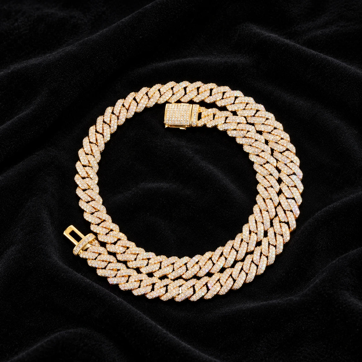 10mm Prong Cuban Chain — original finish on black velvet with moissanite fire