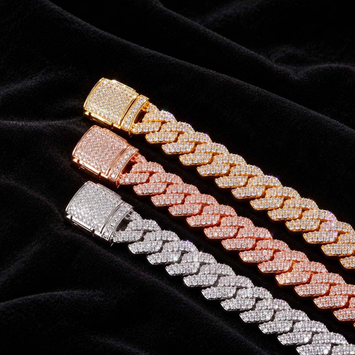 10mm Prong Cuban Chain — original finish on black velvet with moissanite fire