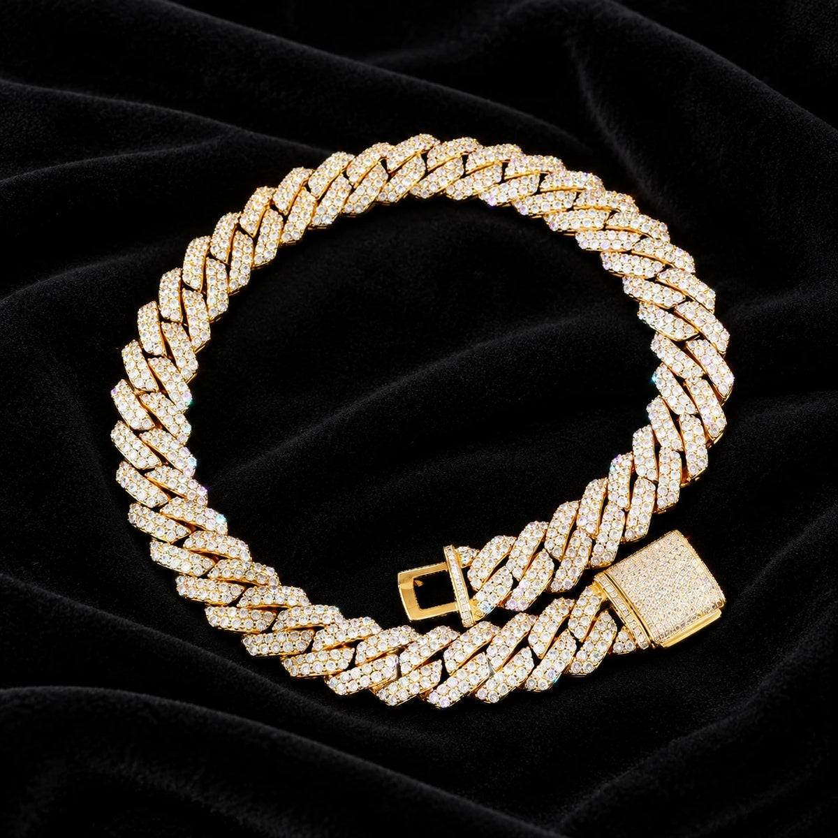 19mm Prong Cuban Chain — original finish on black velvet with moissanite fire
