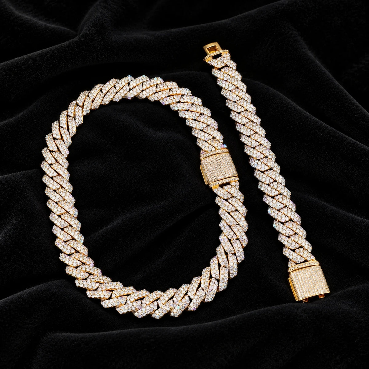19mm Prong Cuban Bracelet — original finish on black velvet with moissanite fire