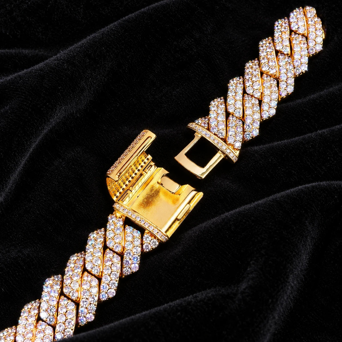 19mm Prong Cuban Chain — original finish on black velvet with moissanite fire