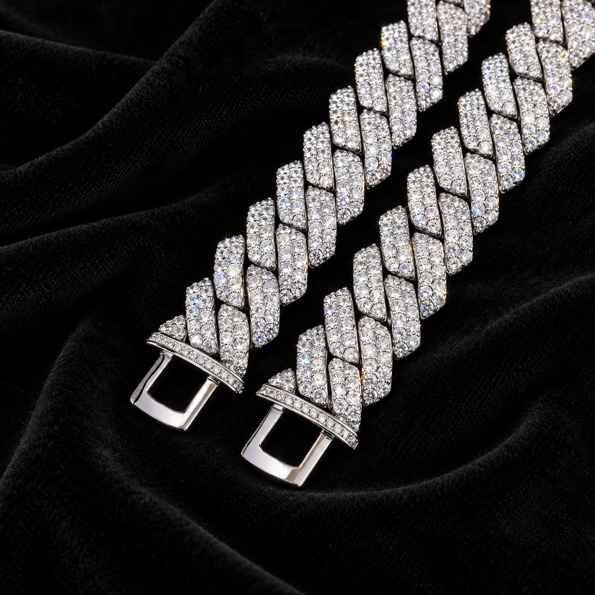 19mm Prong Cuban Bracelet — original finish on black velvet with moissanite fire
