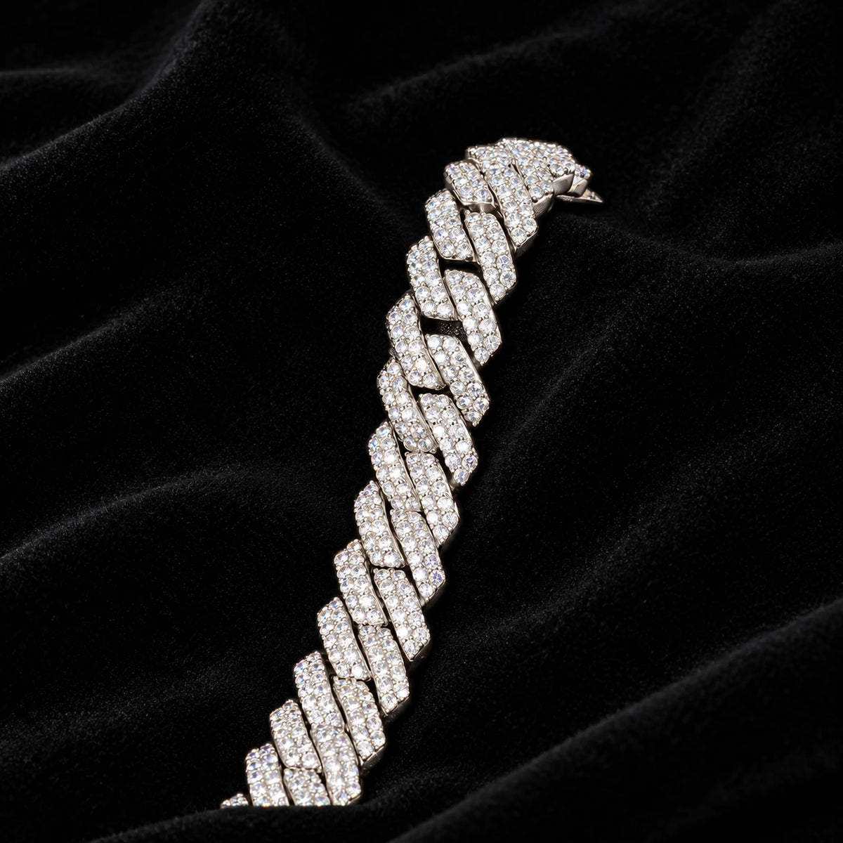 19mm Prong Cuban Chain — original finish on black velvet with moissanite fire
