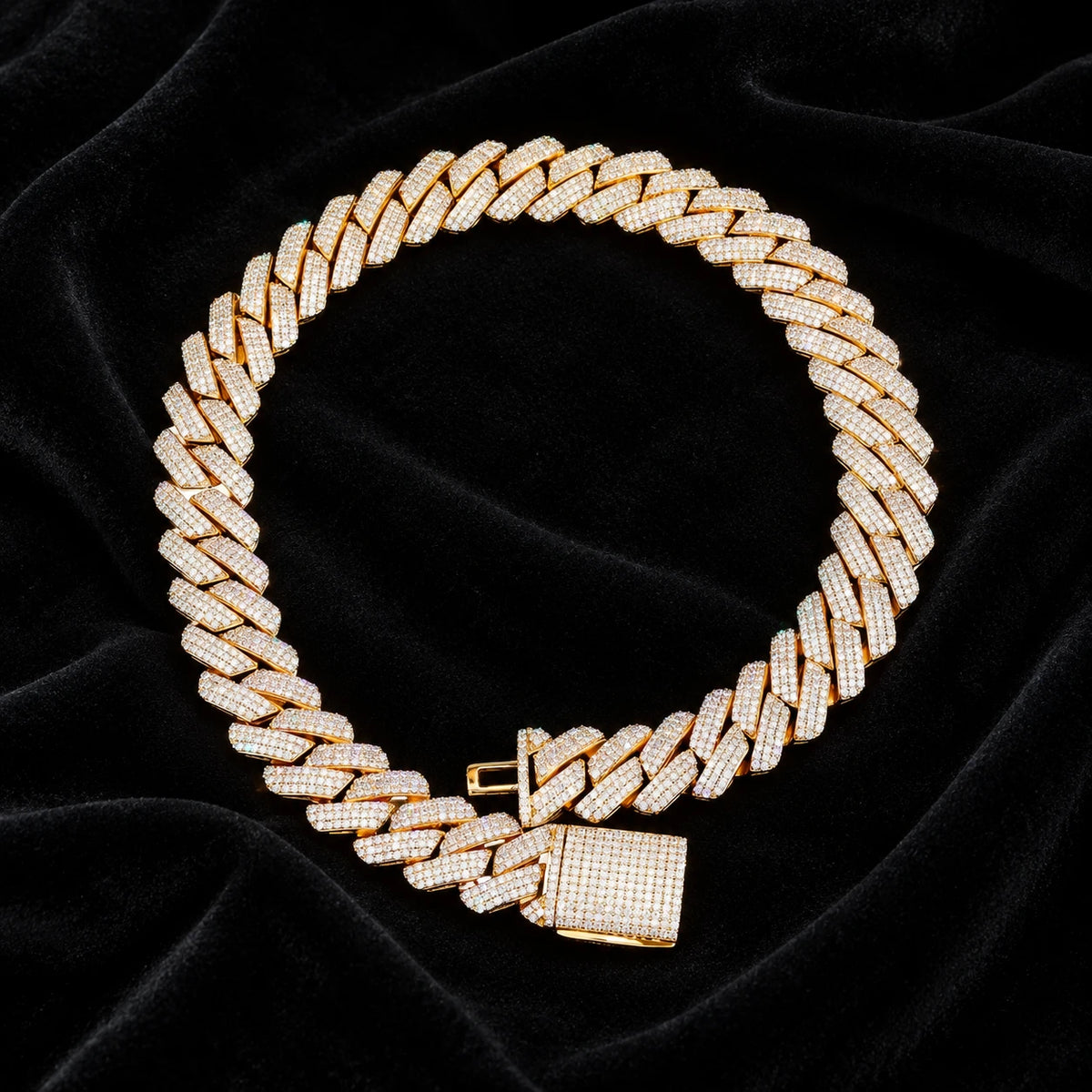 19mm Prong Cuban Chain — original finish on black velvet with moissanite fire