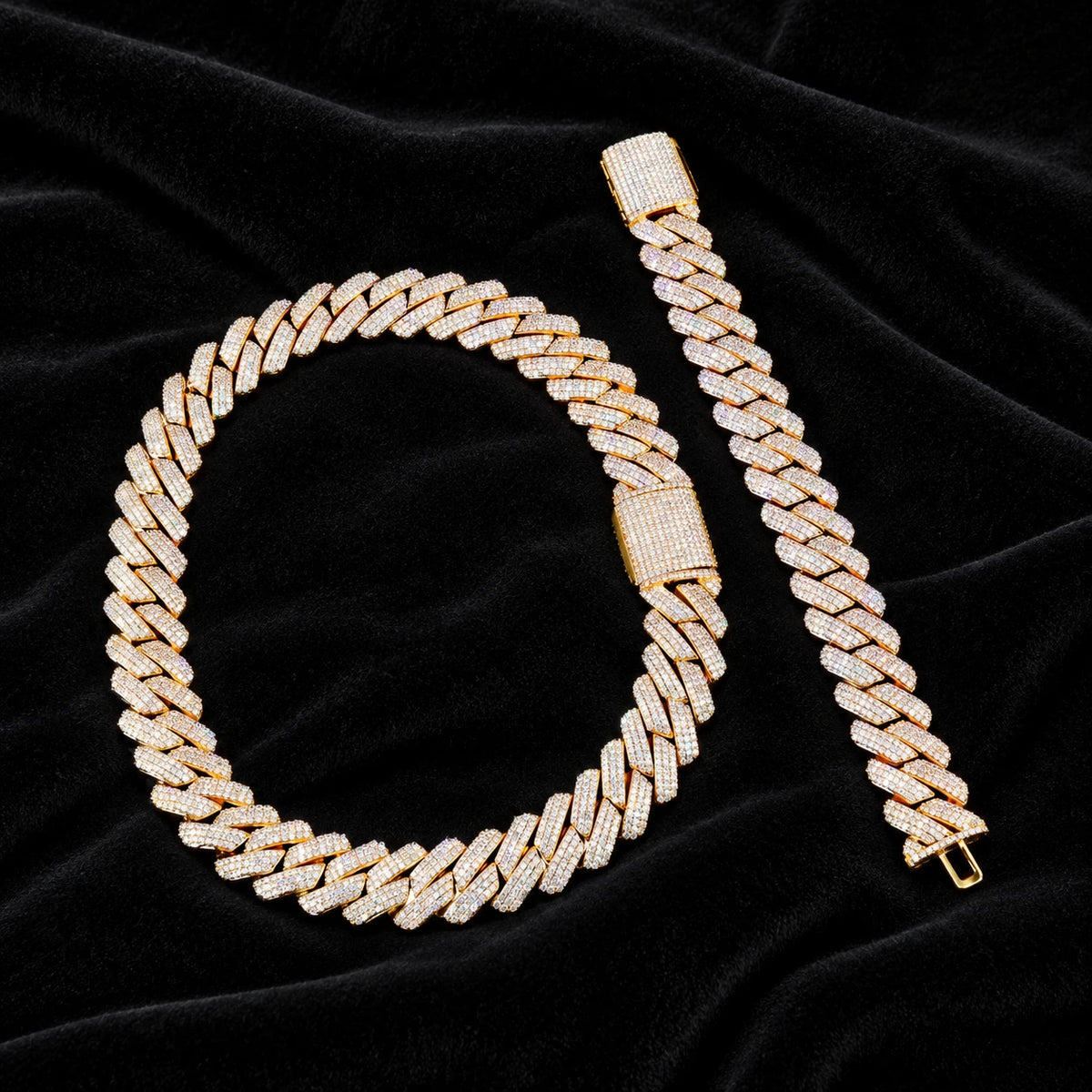 19mm Prong Cuban Bracelet — original finish on black velvet with moissanite fire