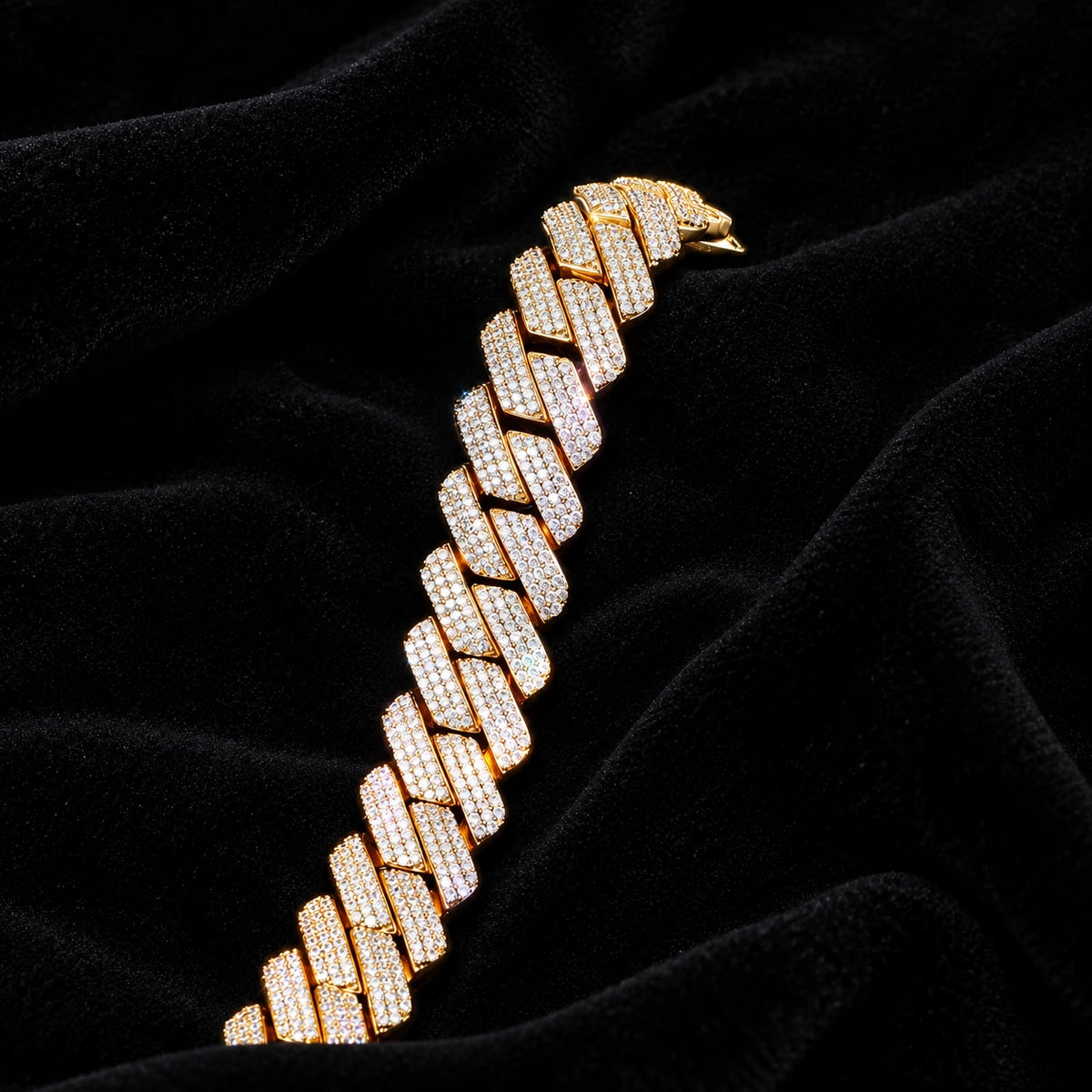 19mm Prong Cuban Bracelet — original finish on black velvet with moissanite fire