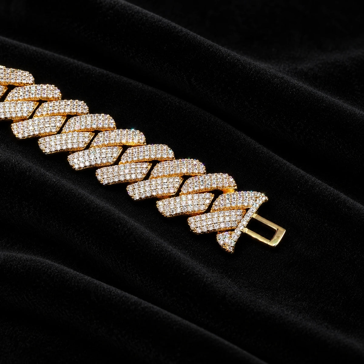 19mm Prong Cuban Chain — original finish on black velvet with moissanite fire