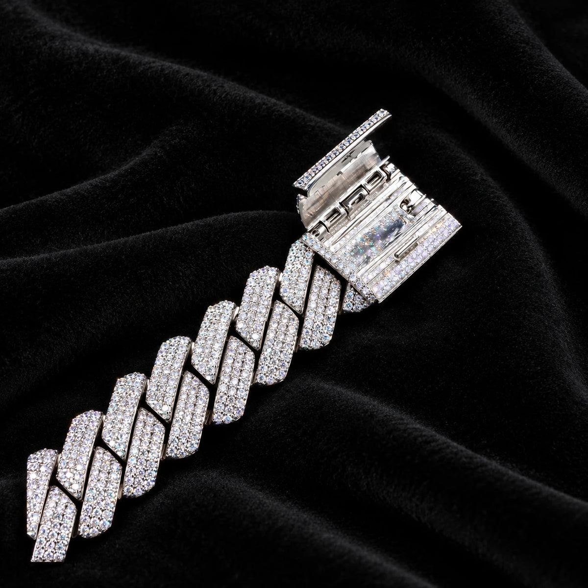 19mm Prong Cuban Bracelet — original finish on black velvet with moissanite fire