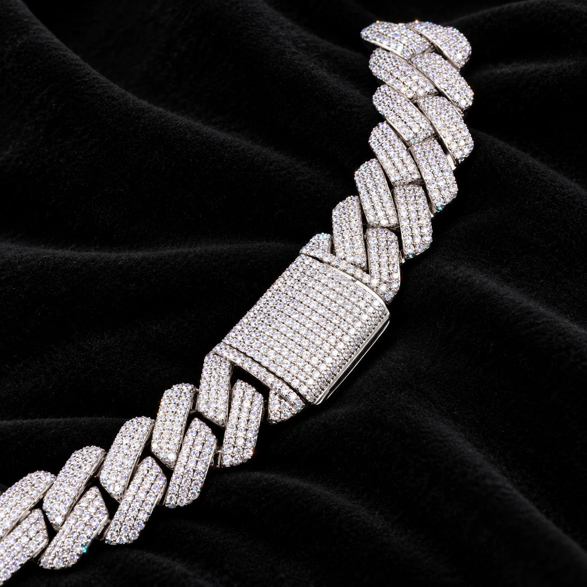 19mm Prong Cuban Chain — original finish on black velvet with moissanite fire