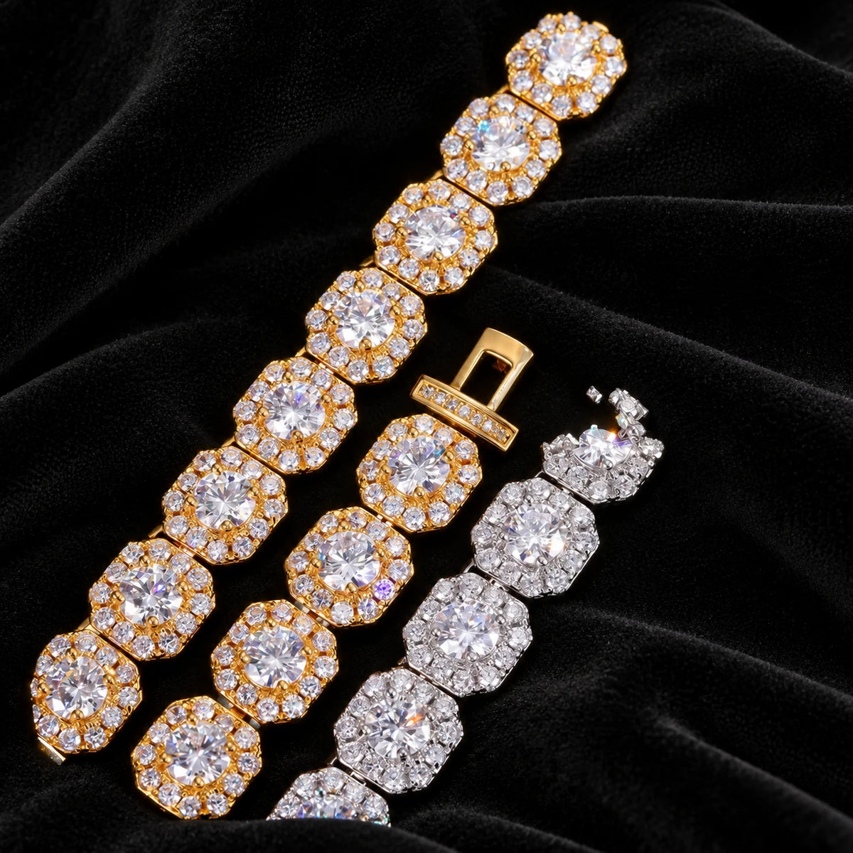 Clustered Tennis Bracelet — original finish on black velvet with moissanite fire