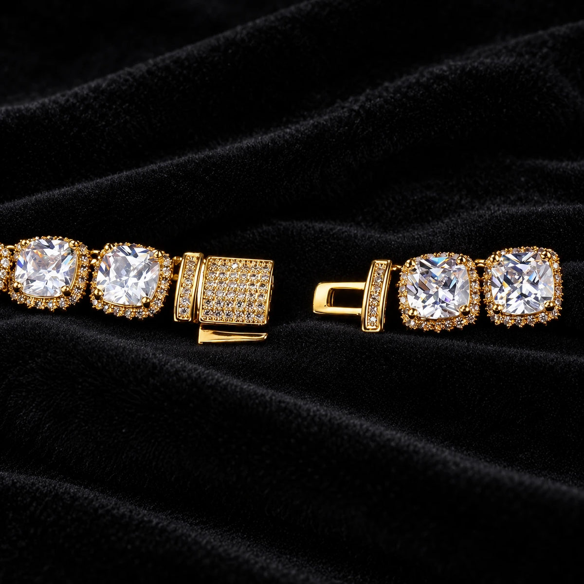 Square Tennis Chain — original finish on black velvet with moissanite fire
