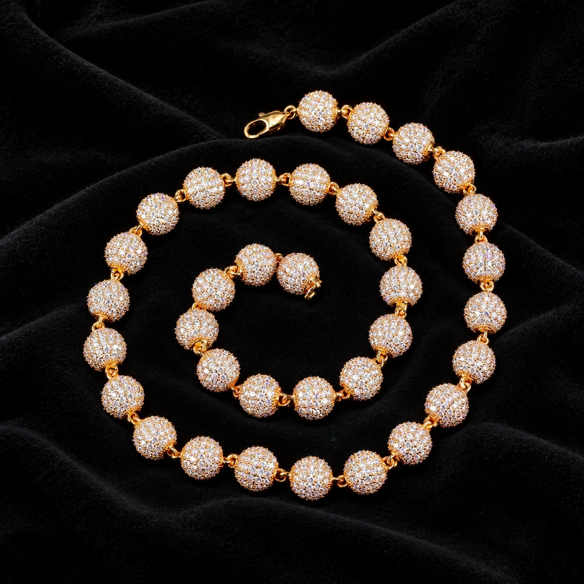 10mm Iced Ball Chain — original finish on black velvet with moissanite fire