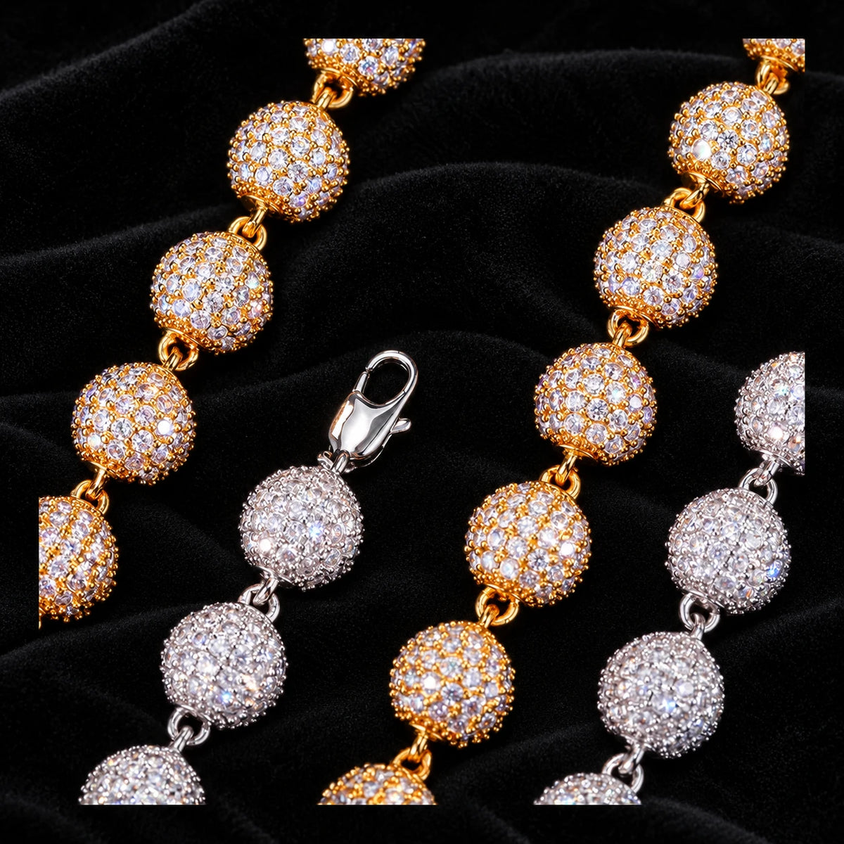 10mm Iced Ball Chain — original finish on black velvet with moissanite fire