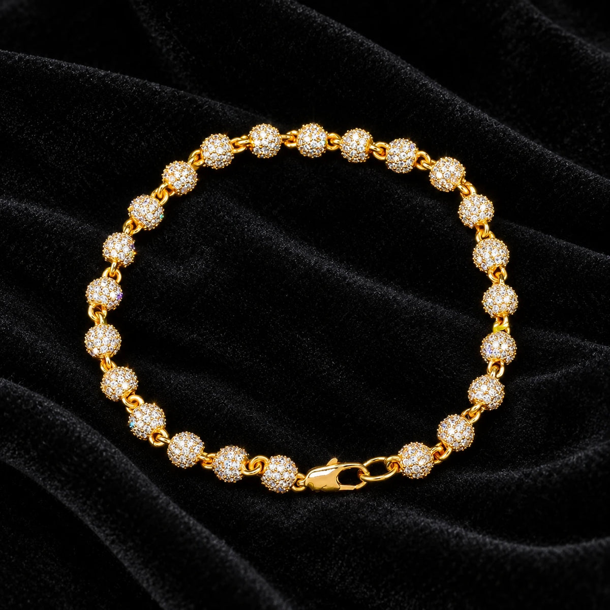 6mm Iced Ball Bracelet — original finish on black velvet with moissanite fire