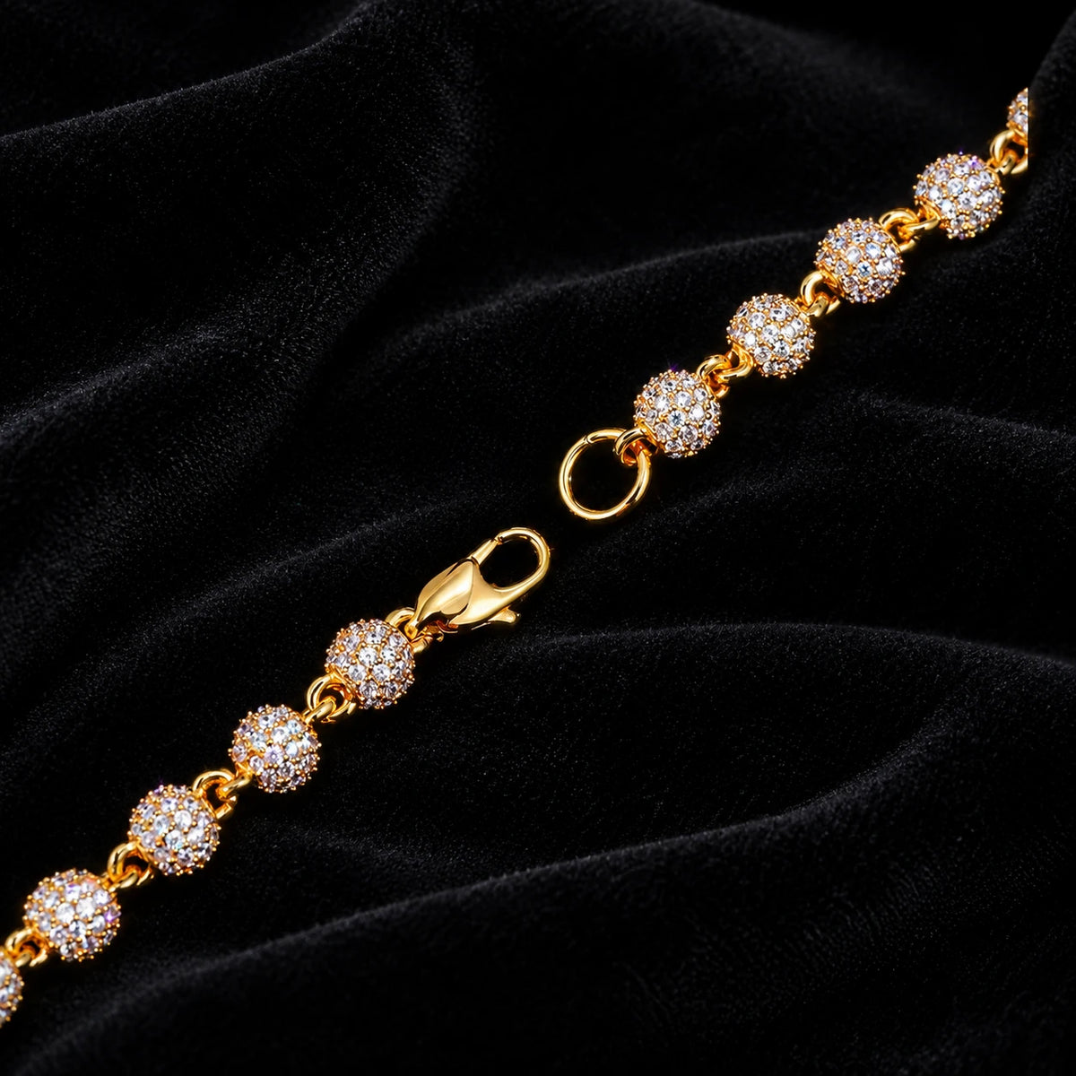 6mm Iced Ball Bracelet — original finish on black velvet with moissanite fire