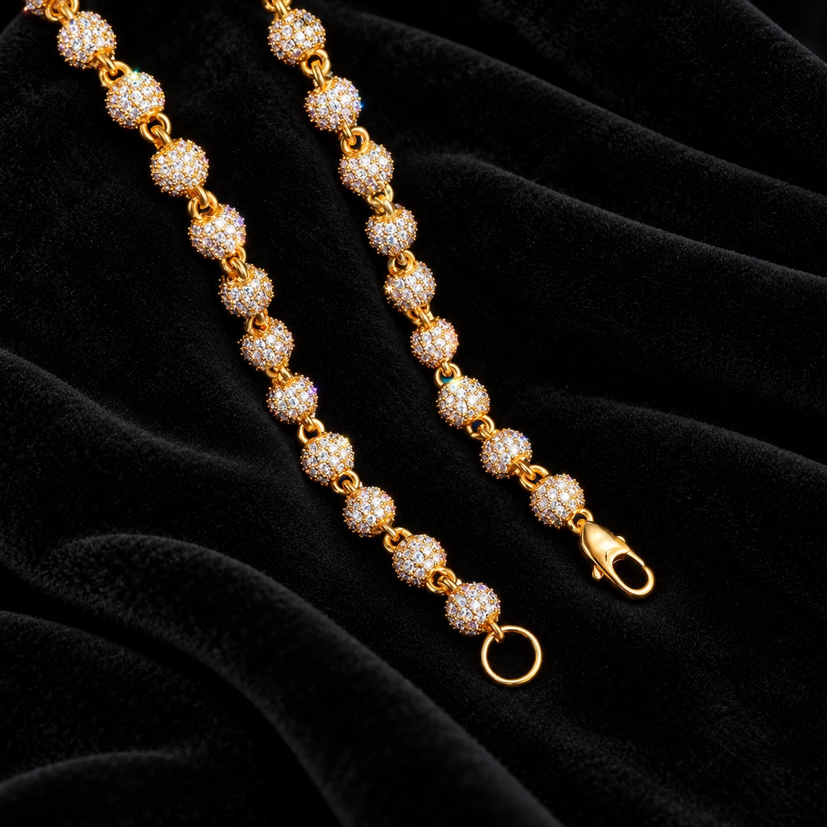6mm Iced Ball Bracelet — original finish on black velvet with moissanite fire
