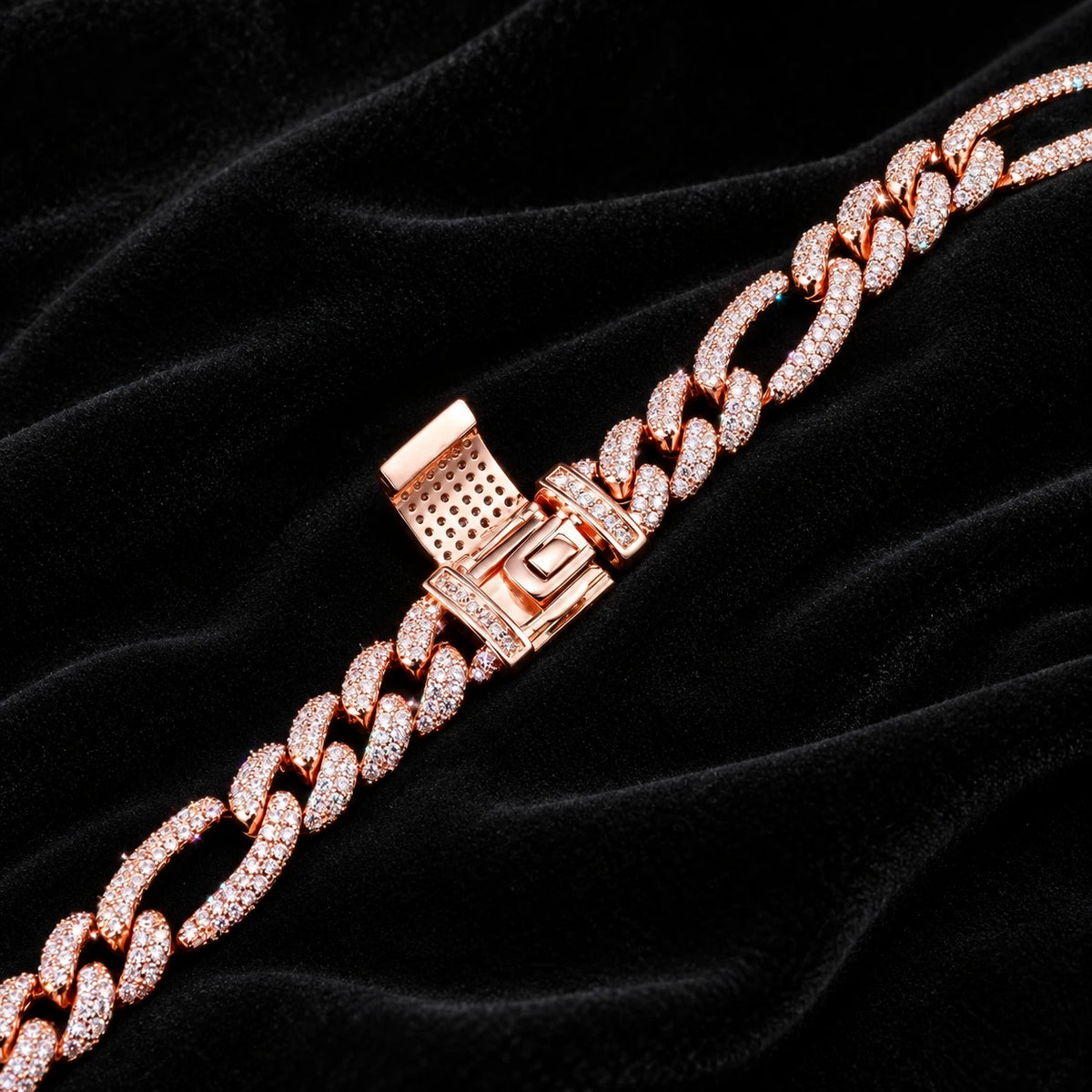10mm Figaro Bracelet — original finish on black velvet with moissanite fire