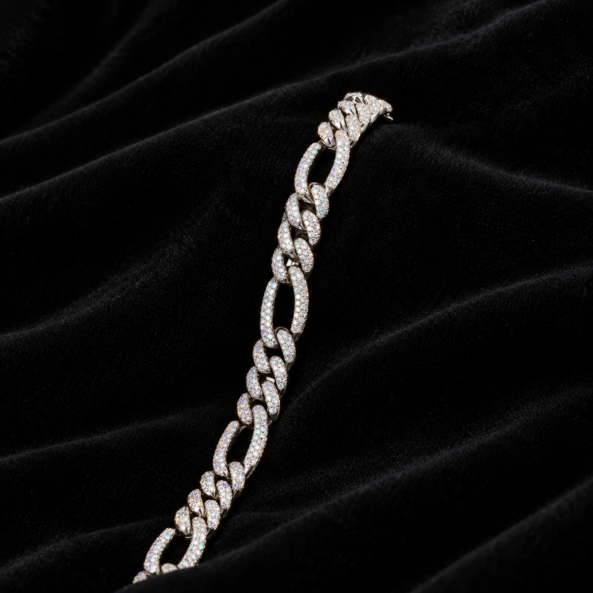 10mm Figaro Bracelet — original finish on black velvet with moissanite fire