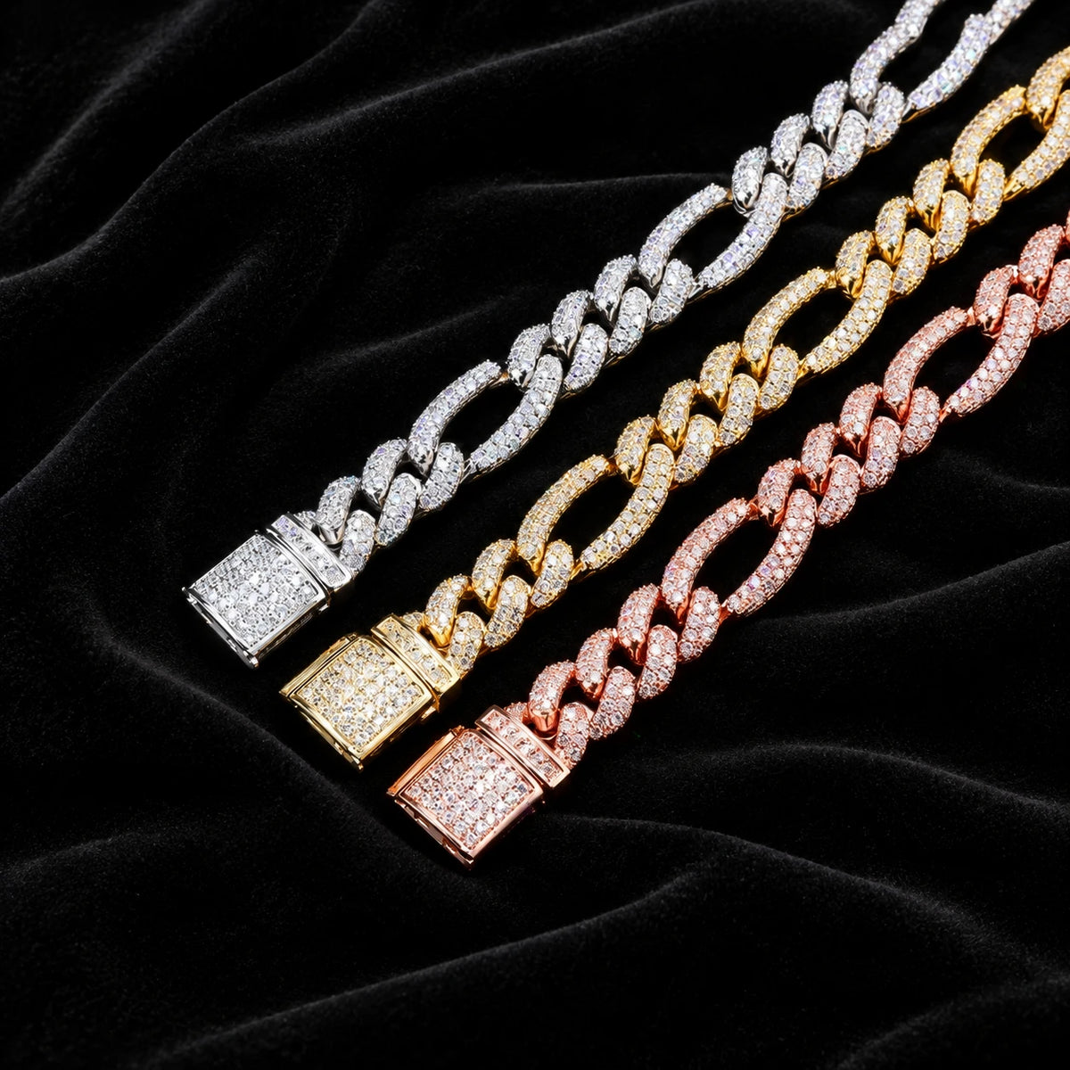 10mm Figaro Bracelet — original finish on black velvet with moissanite fire