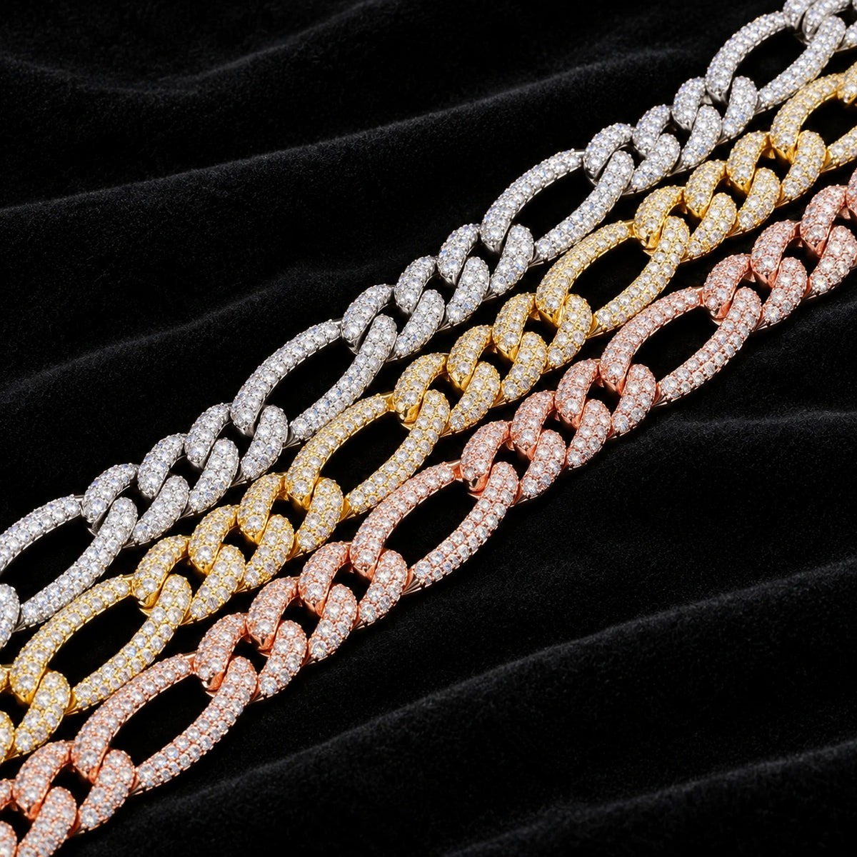 10mm Figaro Chain in white, yellow, and rose finishes on black velvet