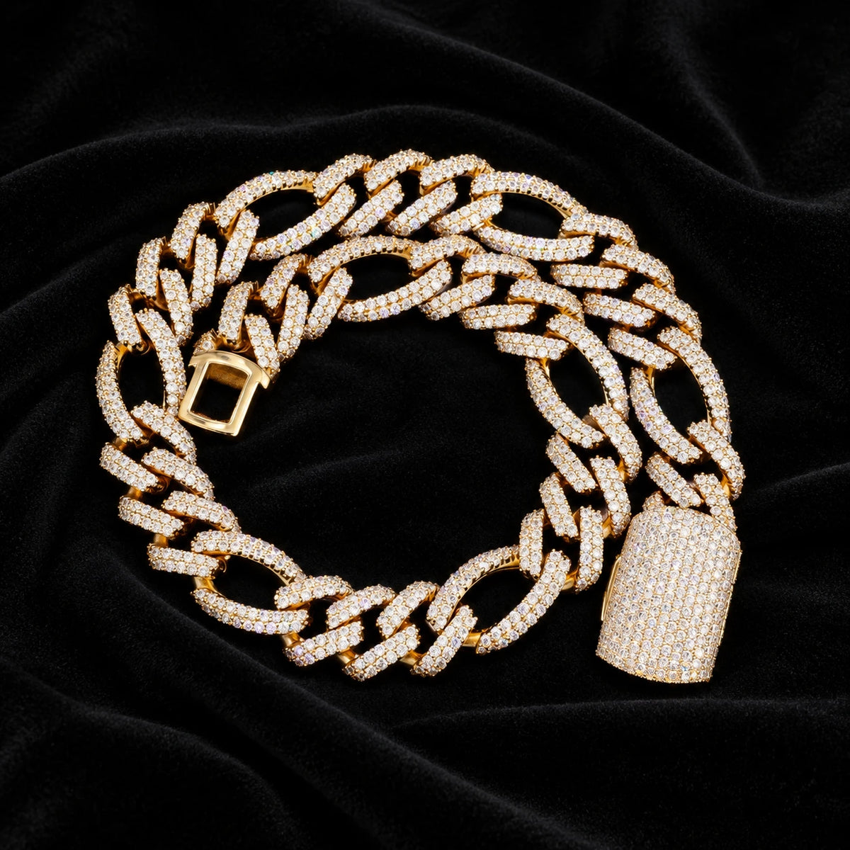 18mm Figaro Chain — original finish on black velvet with moissanite fire