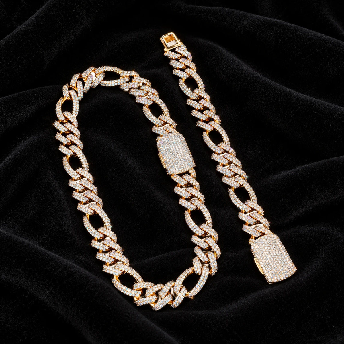 18mm Figaro Bracelet — original finish on black velvet with moissanite fire