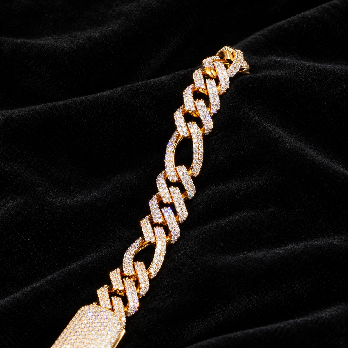 18mm Figaro Bracelet — original finish on black velvet with moissanite fire