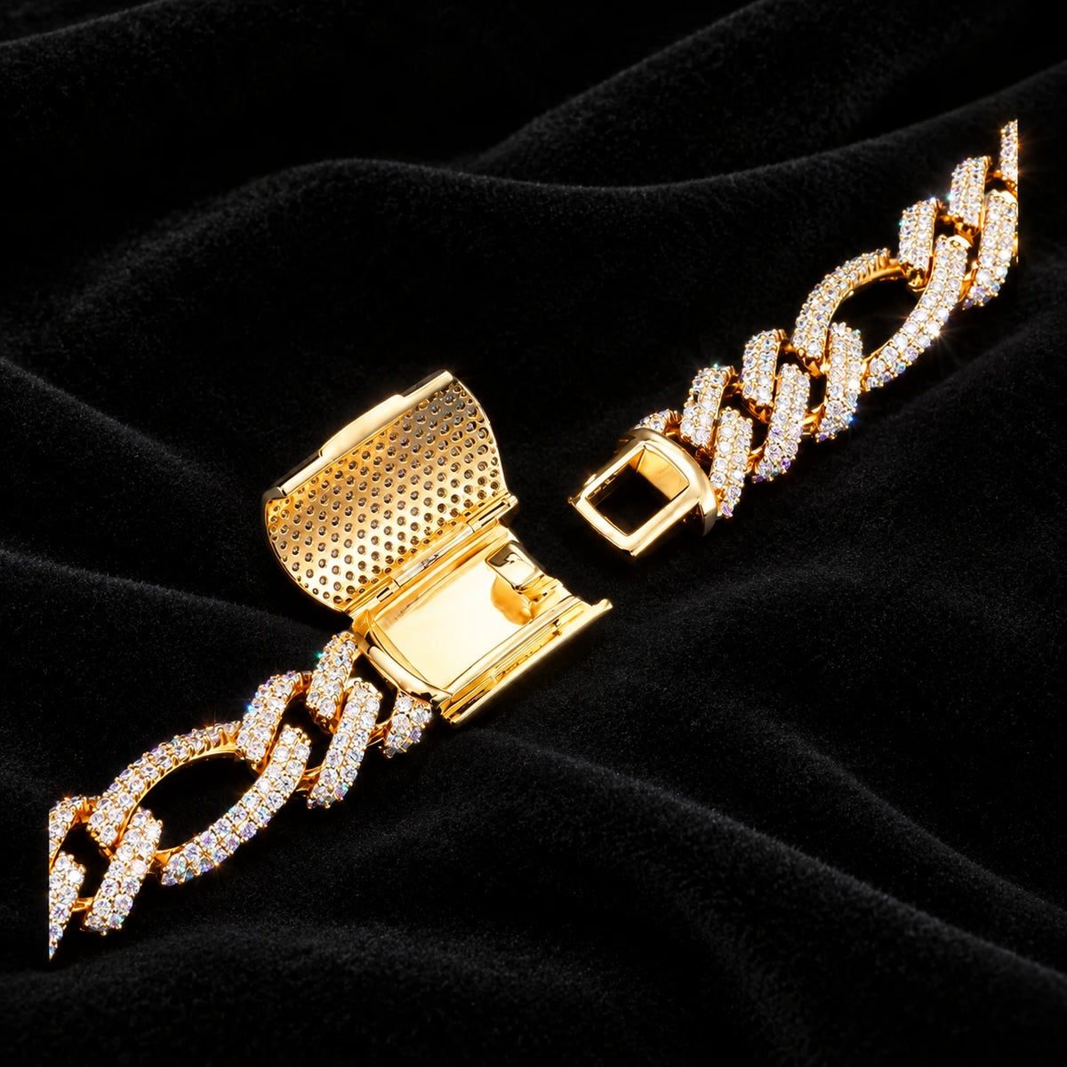 18mm Figaro Chain — original finish on black velvet with moissanite fire