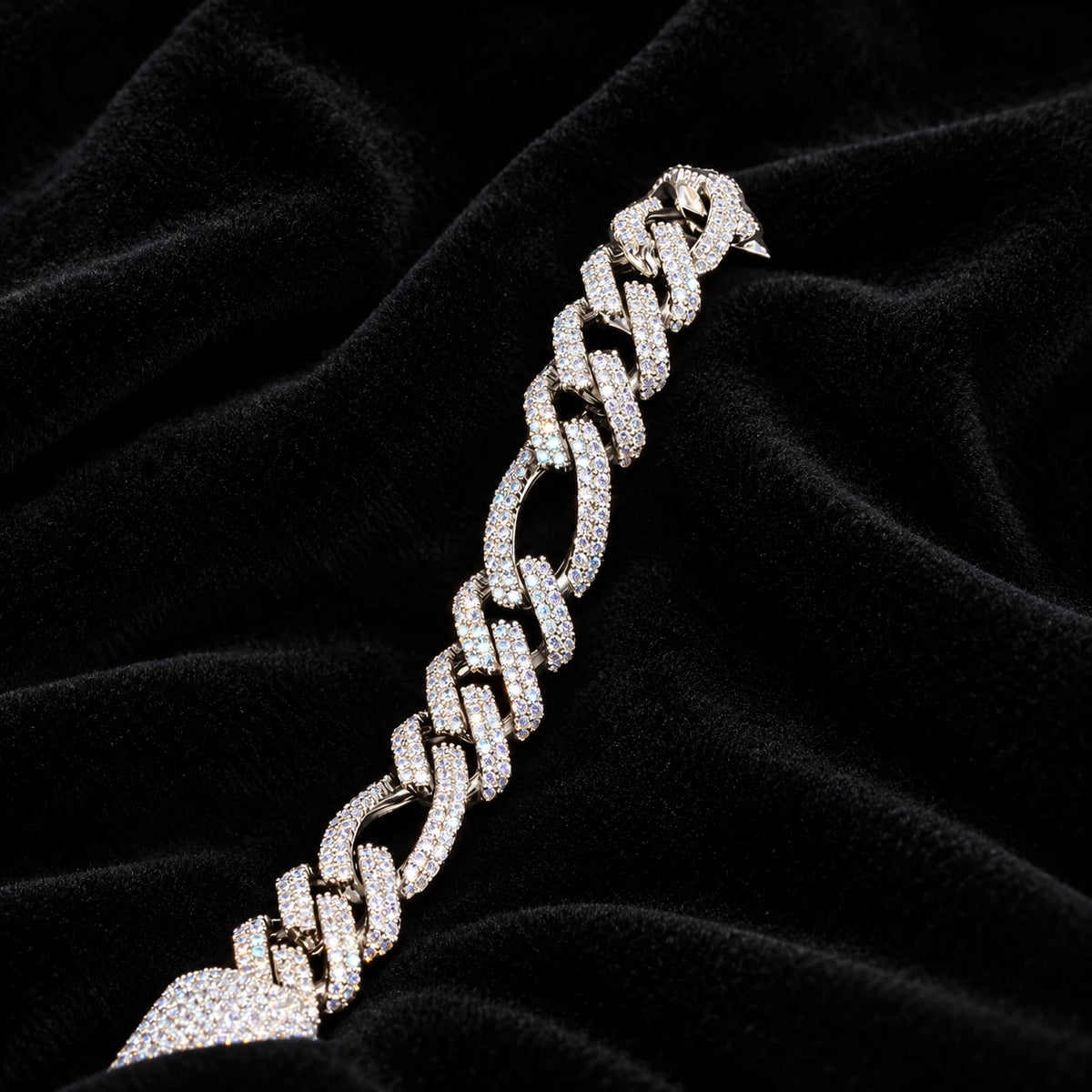 18mm Figaro Bracelet — original finish on black velvet with moissanite fire