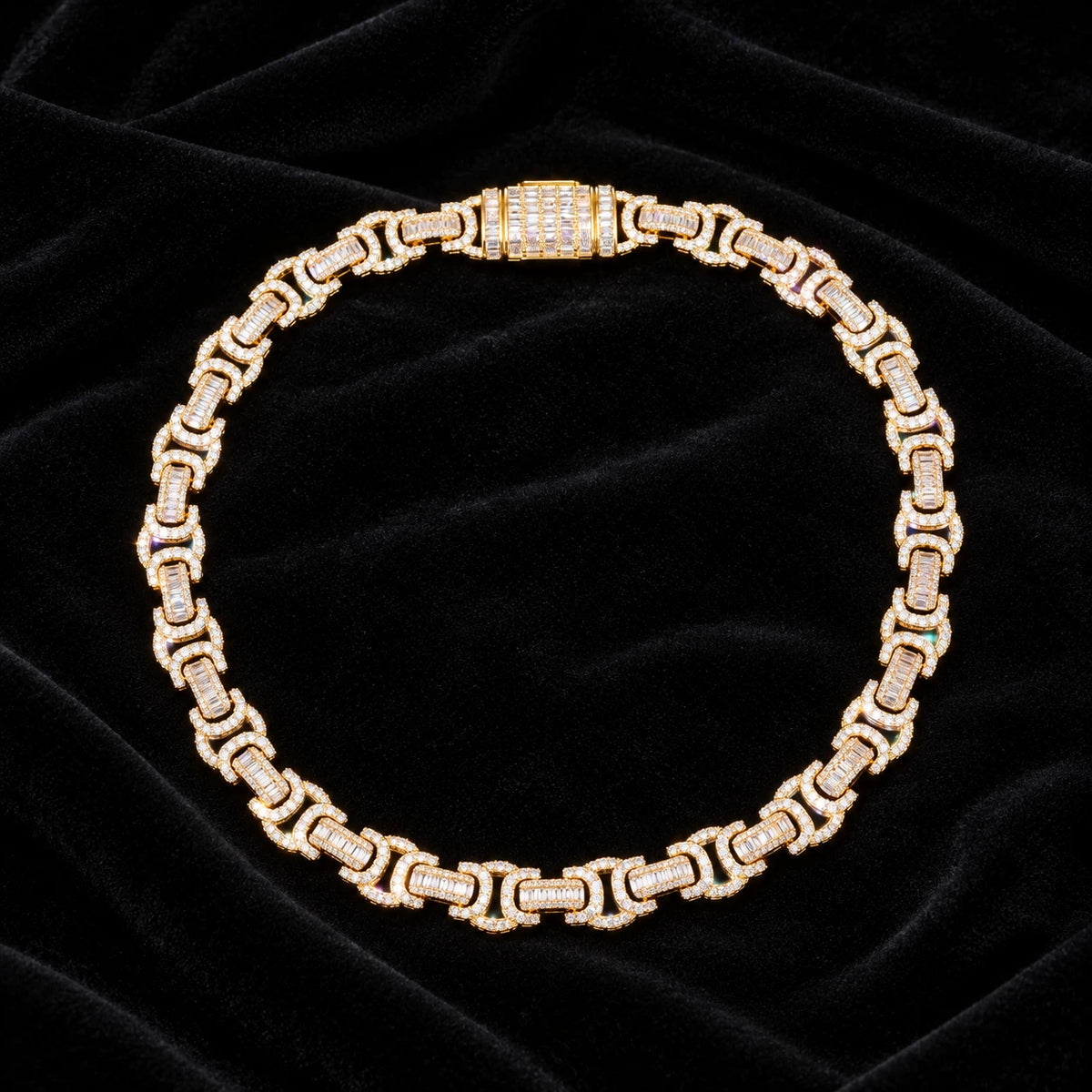 10mm Baguette Byzantine Chain — original finish on black velvet with moissanite fire